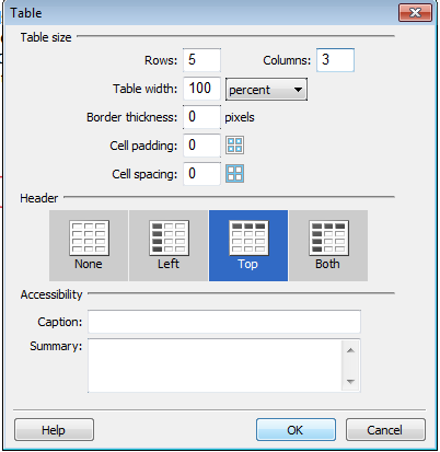 table dialog box